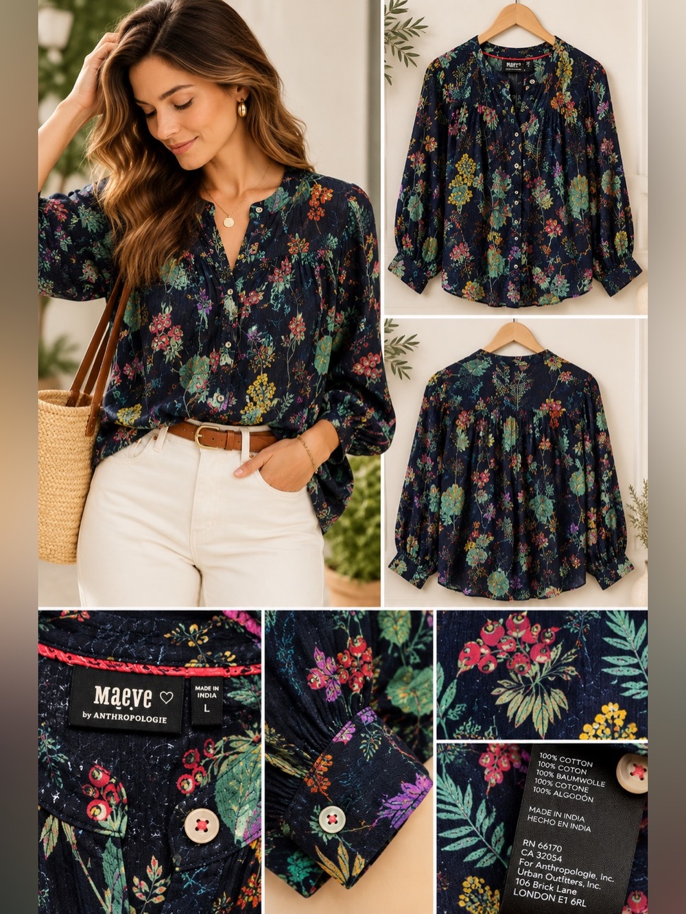 Anthropologie Maeve Navy Floral Cotton Button-Front Blouse